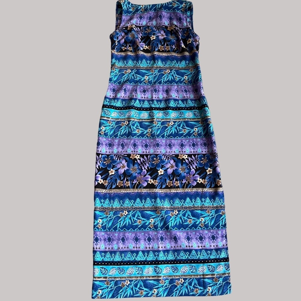 Y2K Maxi Dress Womens Small Blue Purple Tropical Festival Beach Kathy Lee